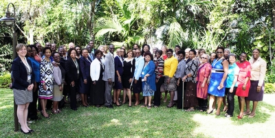 The Permanent Secretary in the Ministry of Culture, Gender, Entertainment and Sport, Mr Denzil Thorpe (front row) is joined by delegates attending a two-day Inter-Parliamentary Meeting for ParlAmericas&#039; Anglophone Membership taking place at the Jamaica Pegasus under the theme, Partnerships to Transform Gender Relations.