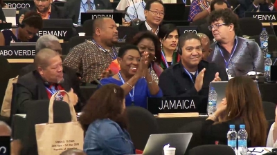 Minister Grange and members of the Jamaica delegation react to decision to inscribe the Reggae Music of Jamaica on the Representative List of the Intangible Cultural Heritage of Humanity