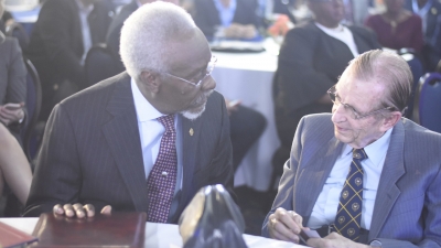 Former Prime Ministers of Jamaica share a moment together: The Most Honourable, Edward Seaga and P.J. Patterson